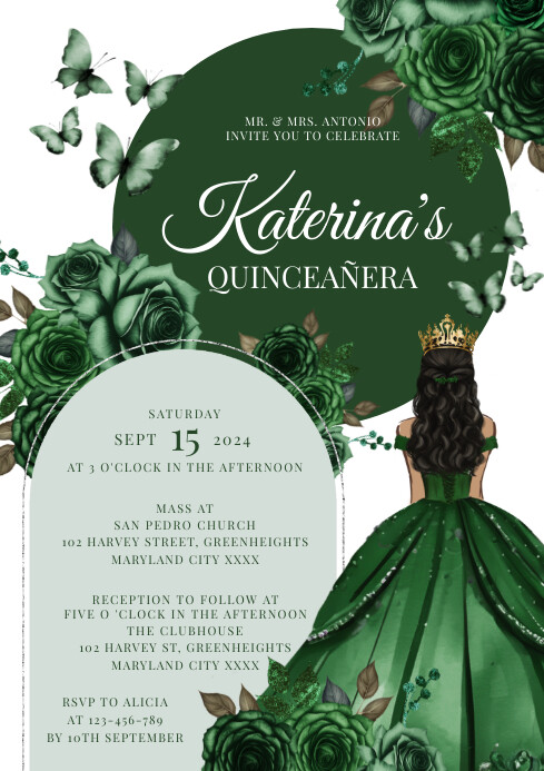 Emerald Green Floral Quinceañera Invitation A A4 template