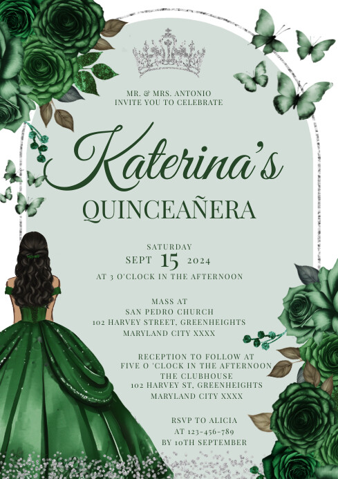 Emerald Green Floral Quinceañera Invitation A A4 template