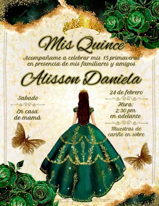 Emerald Green Floral Quinceañera Invitation Flyer (us Letter) template