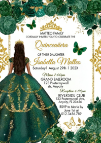 Emerald Green Quinceañera Invitation Template with Gold Floral Princess Dress A4