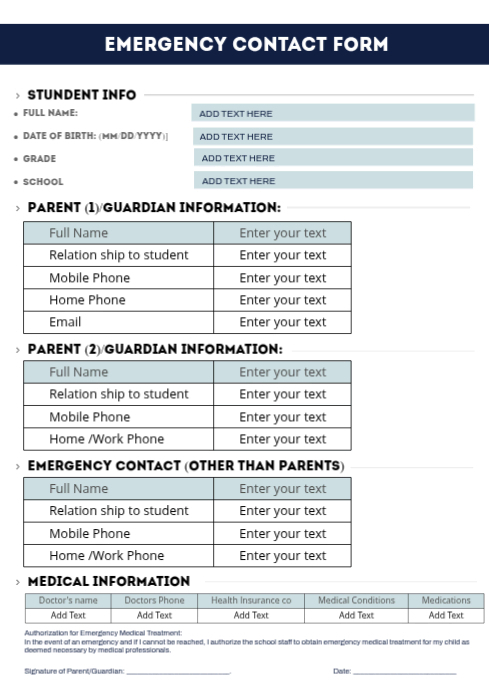 Student emergency contact form Template | PosterMyWall