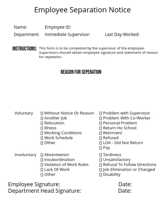 Employee Separation Notice Iflaya (Incwadi ye-US) template