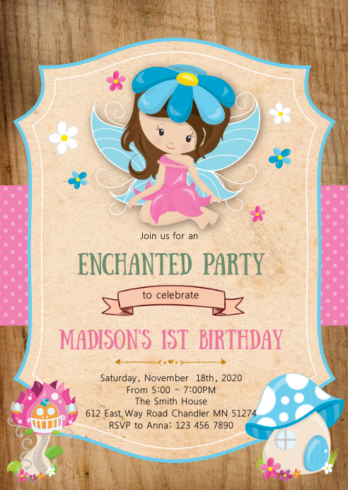 Enchanted fairy birthday party invitation A6 template