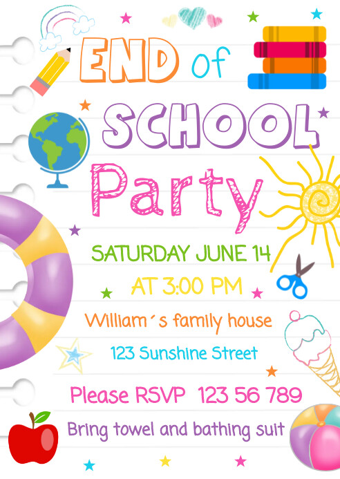 End of School Party Editable Invitation A6 template