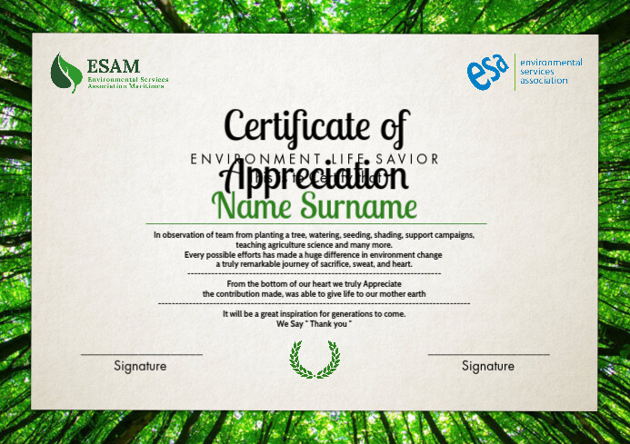 Appreciating Environment Environmental Certificates Of Appreciation MSS Environmental
