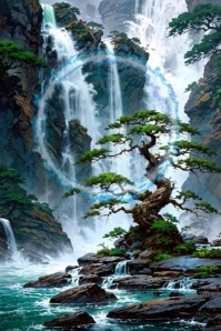 Epic Waterfall & Ancient Tree Digital Art Background Grafik Pinterest template