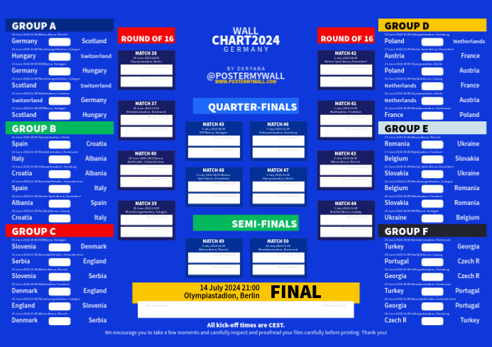 Euro 2024 Wall Chart Schedule Soccer Football A2 template