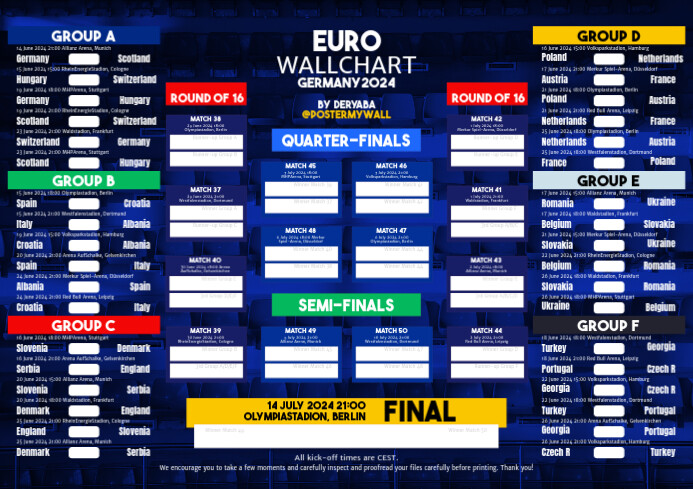 Euro 2024 WallChart Schedule Soccer Football A1 template