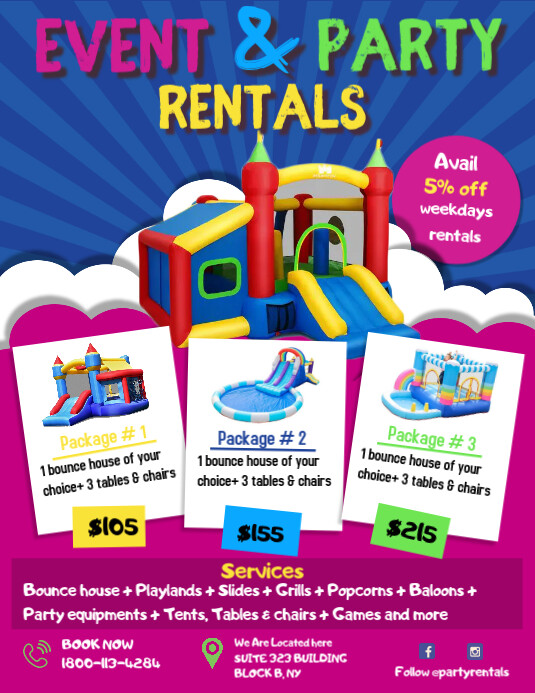 Event and Party Rental Bouncy Castle Flyer Te ใบปลิว (US Letter) template