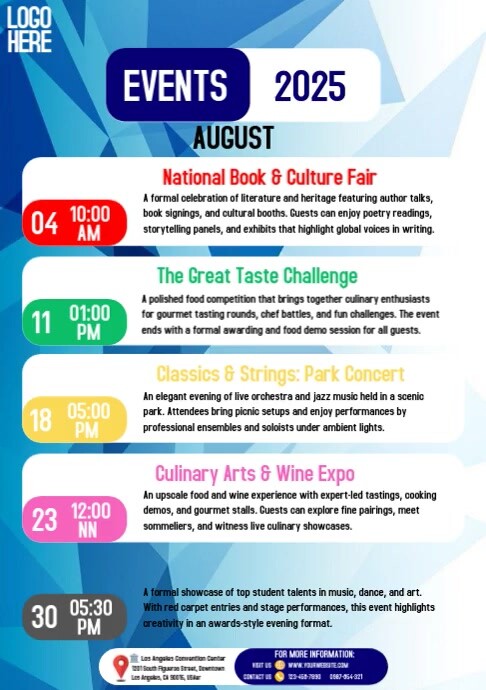 Events Schedule For August A4 template
