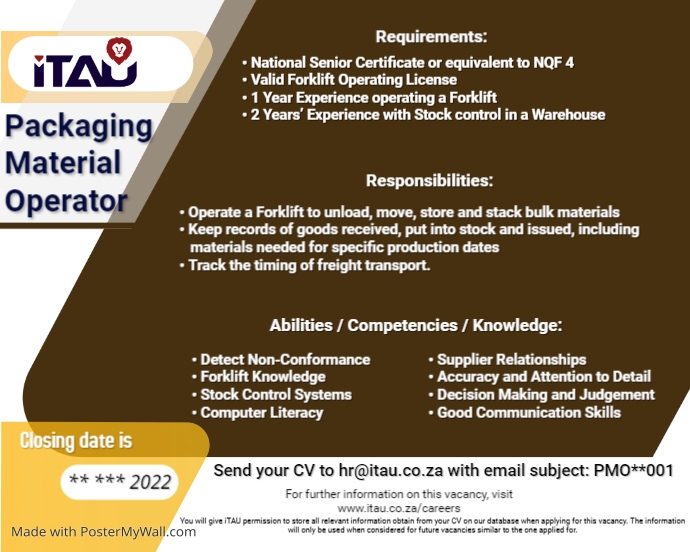 Packaging Material Operator PMO | PosterMyWall