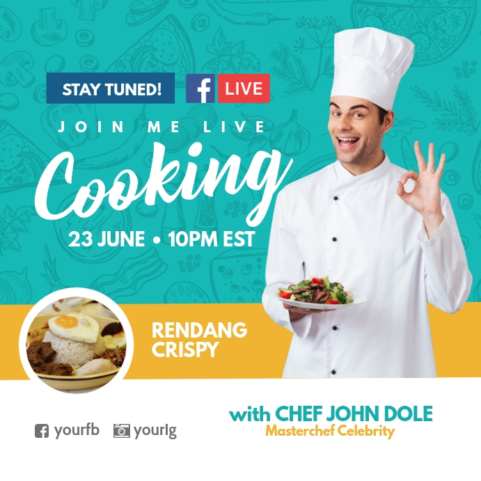 Facebook live cooking poster template Publicação no Instagram