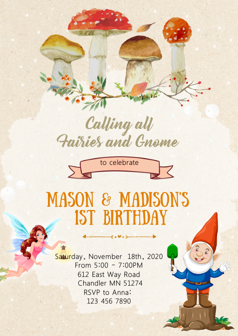 Fairy and gnome birthday party invitation A6 template