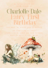 Fairy first birthday invitation mushroom and frogs A5 template