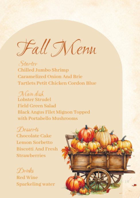 Fall/autumn pumpkin Cart party menu card Template | PosterMyWall