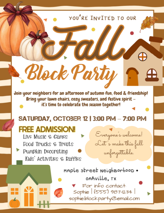 Fall Block Party Flyer, Autumn Block Party Invitation 传单(美国信函) template