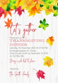 Fall leaves white wood panel thanksgiving dinner invitation A5 template