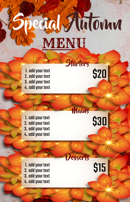 fall menu, autumn menu Halve pagina breed template