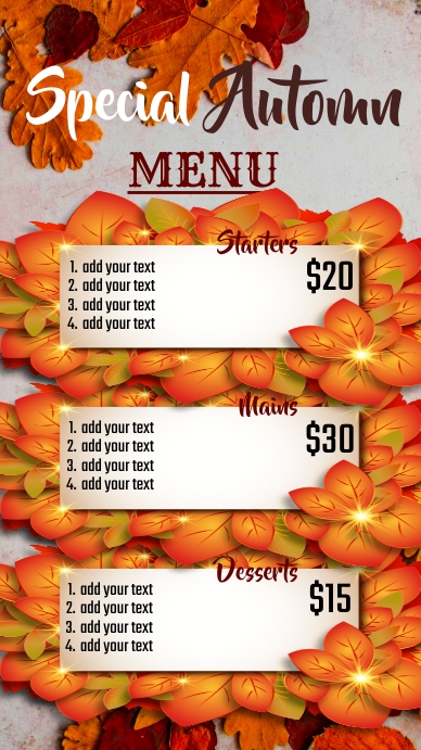 fall menu, autumn menu Ekran reklamowy (9:16) template