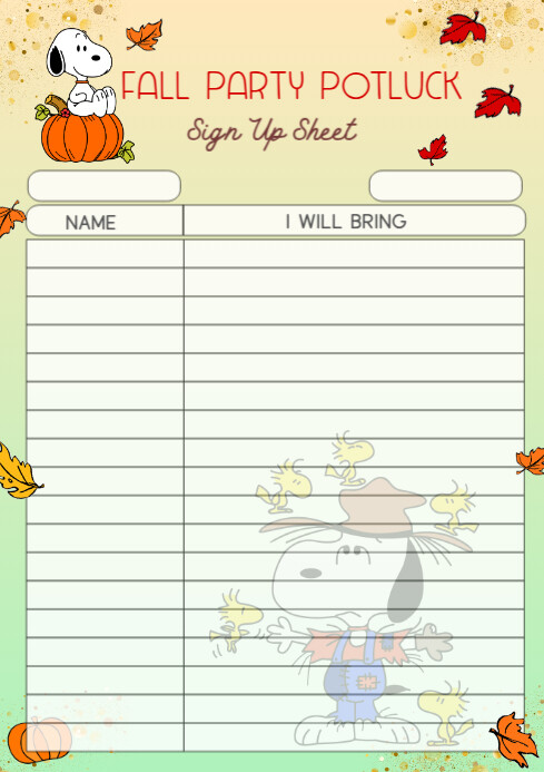 Fall Party Potluck Sign up Sheet Snoopy เทมเพลต | PosterMyWall