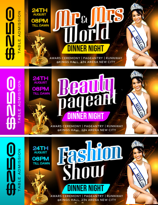 Fashion show beauty contest pageant mr & mrs world universe event vip ticket editable template Ulotka (US Letter)