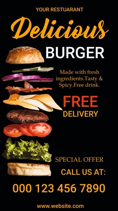 fast food, delicious burger,restaurant,burger Ekran reklamowy (9:16) template