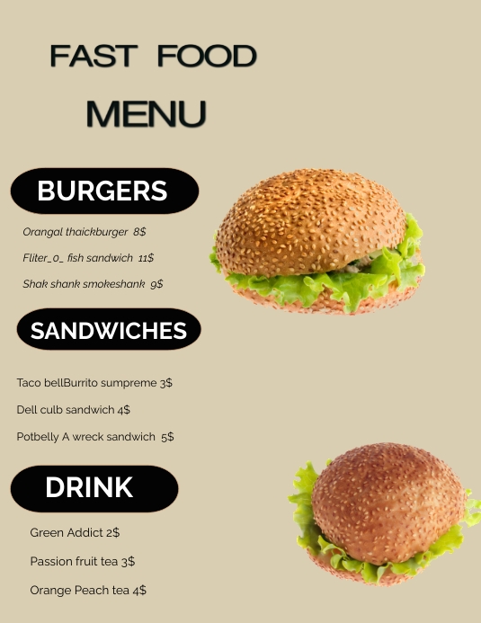 Fast food menu cards Flyer (US Letter) template