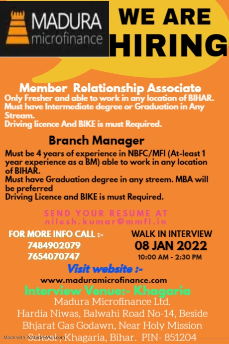 Interview Advertisement of Khagaria Branch on 08-01-2022 | PosterMyWall