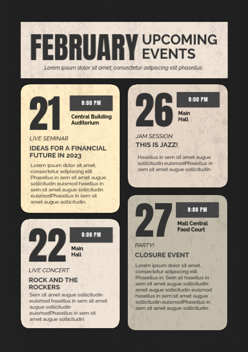 Feb Upcoming Events Monthly Schedule calendar Template | PosterMyWall
