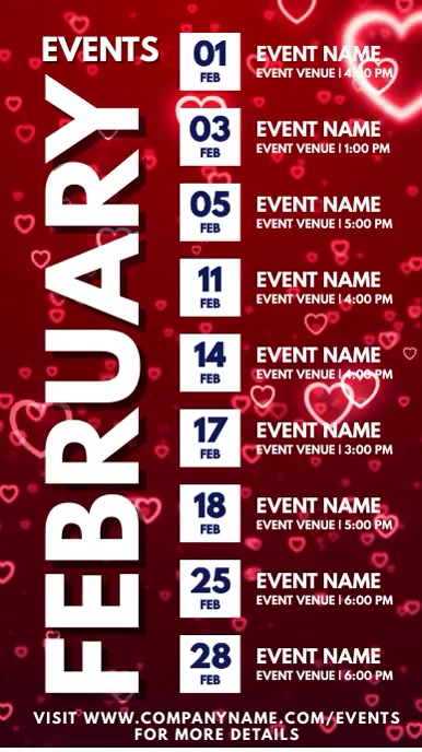 February Events Schedule Calendar Template Display digitale (9:16)