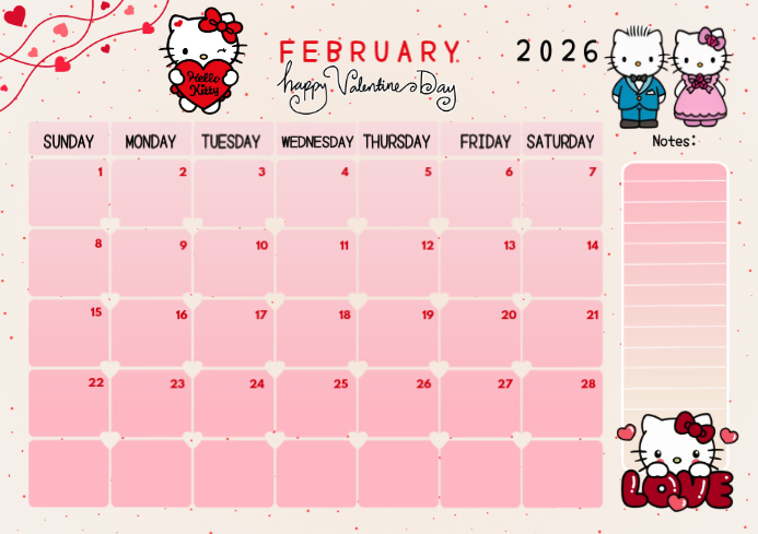 February Hello Kitty 2026 Calendar Valentine's Day Template | PosterMyWall