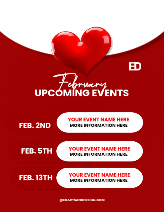 Plantilla de February Upcoming Event Calendar Template Flyer | PosterMyWall