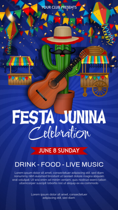 festa junina celebration flyer with funny cactus pleyng guitar and colorful pennants Facebook Story template
