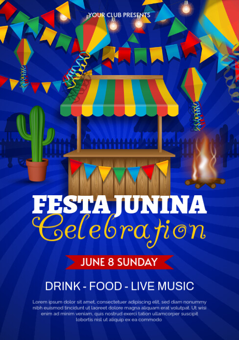 festa junina celebration poster with lanterns, pennants and market stall A5 template