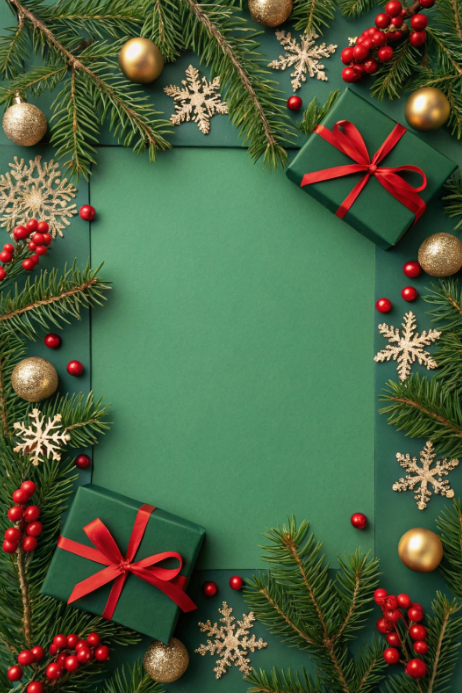 Plantilla de Festive Green Holiday frame with pine branches, gifts, and ...