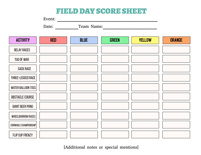 Field Day Score Sheet Flyer (US Letter) template