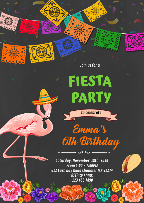 fiesta piñata flamingo party invitation A6 template
