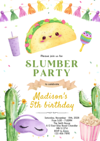 Fiesta taco slumber Birthday invitation A6 template