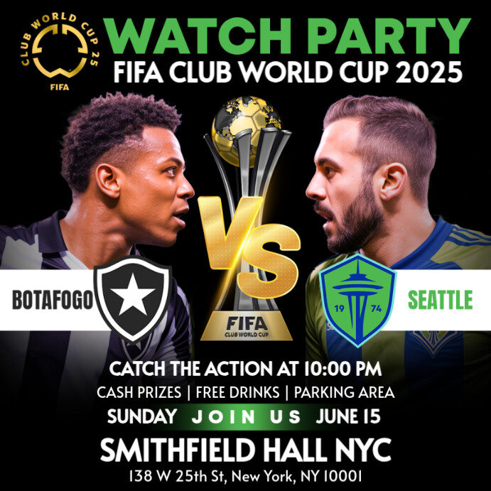 Fifa Club World Cup 2025: Botafogo Vs Seattle Watch Party Template Instagram Post