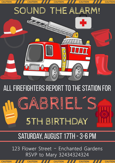 Firetruck Birthday Invitation, Fire truck Inv A6 template