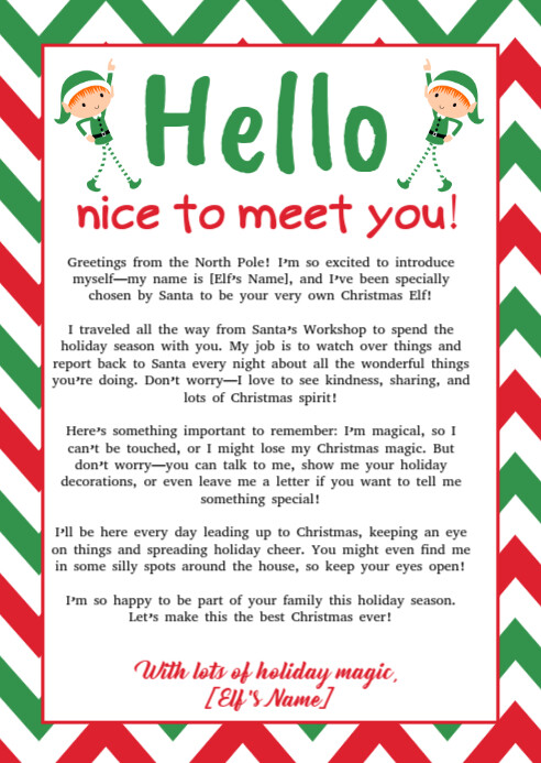 First time Elf Arrival Letter, A6 template
