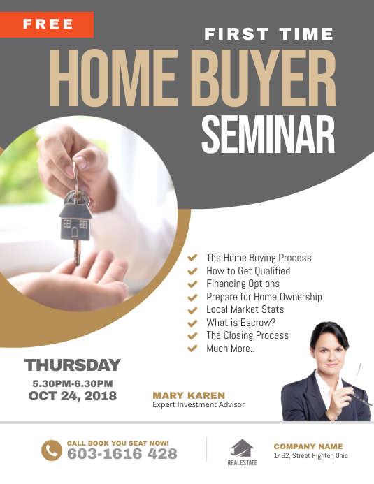 First Time Home Buyer Seminar Flyer Folheto (US Letter) template