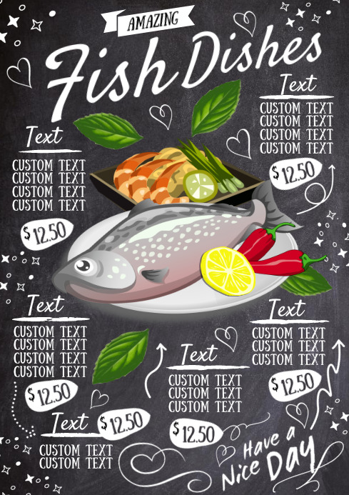 Kitchen Fish Poster Fish Dishes Menu Poster design template | PosterMyWall