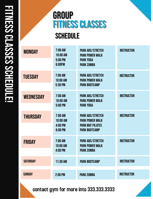 Fitness Classes Schedule Ulotka (US Letter) template