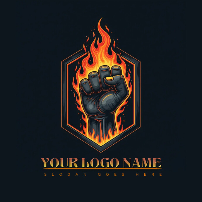 FLAMING FIST LOGO | FIRE PUNCH BLAZING FIST FLAME POWERED PUNCHBURNING HAND WARRIOR MARTIAL ARTS GYM Logótipo template