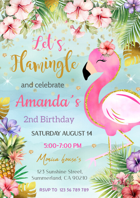 Flamingo Birthday Party Invitation A6 template