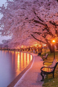 Floral "cherry Blossom Evening By The Lake" Poster template