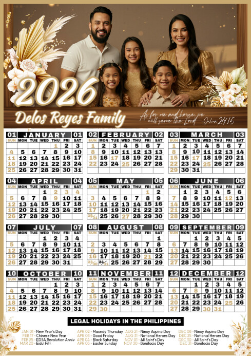 Floral 2026 Family Calendar (Gold) A4 template
