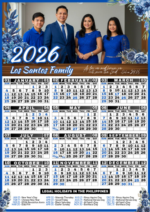 Floral 2026 Family Calendar (Royal Blue) A4 template