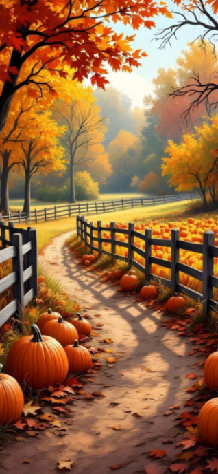 Floral Autumn Pumpkin Path – Peaceful Fall Landscape With Golden Trees ...